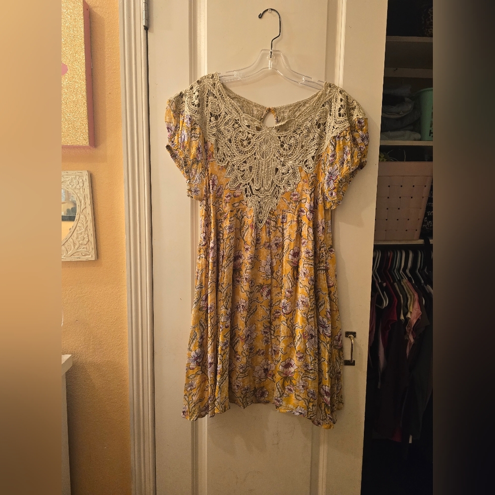 Free People Mini Dress Yellow Floral Sz M